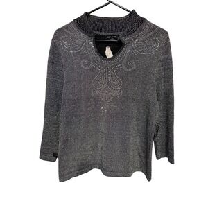 SELECT + TREND Women's Black Silver Knit‎ Sparkle Rhinestone Mock Neck Sweater L